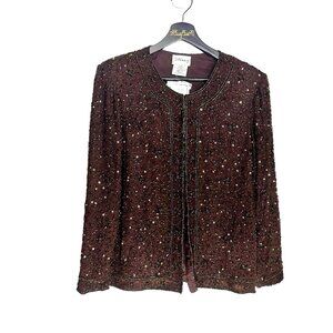 Stenay Silk Brown Sequin Beaded Jacket Size M Long Sleeve Evening Party